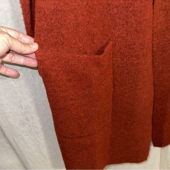 F21 S Oversized Rust Tomato Red Open Front Collared Knit Long Cardigan Duster - Picture 9 of 11